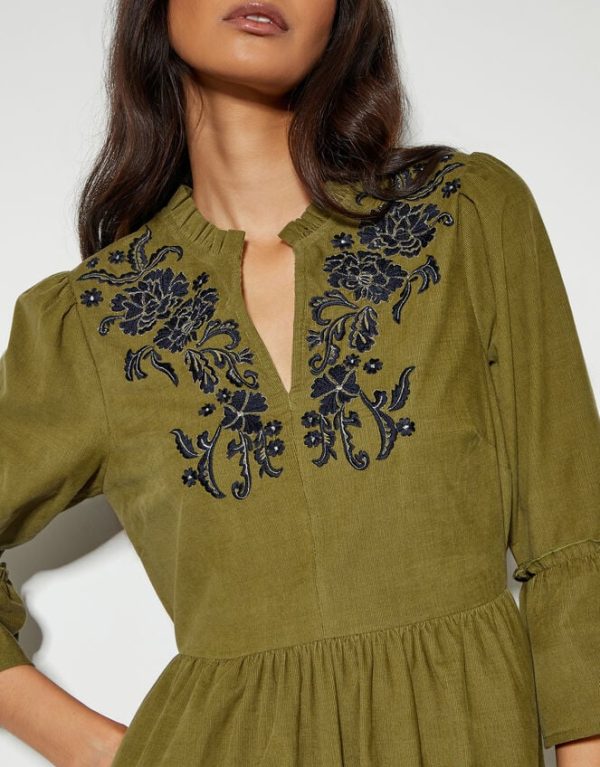 Monsoon Edith Embroidered Corduroy Midi Dress Green - Image 4