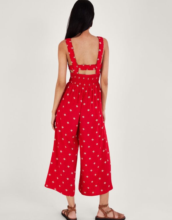 Monsoon Geometric Print Cut-Out Jumpsuit Red - Image 3