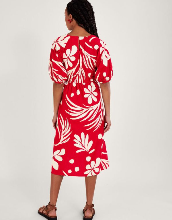 Monsoon Abstract Palm Print Tie Front Midi Dress Red - Image 3