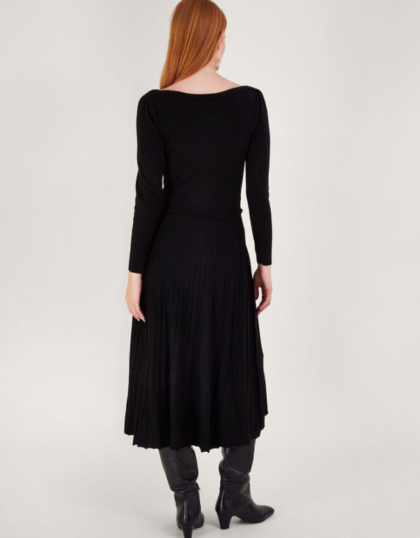 Monsoon Pleat Trim Slash Neck Midi Dress with Lenzing™ Ecovero™Black - Image 3