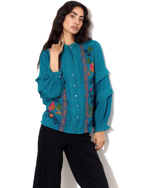 Monsoon East Embroidered Ruffle Sleeve Blouse Green - Image 5