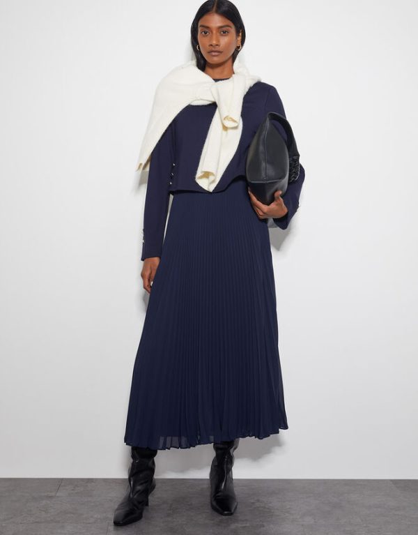 Monsoon Penny Long Sleeve Pleated Midi Dress Blue - Image 5