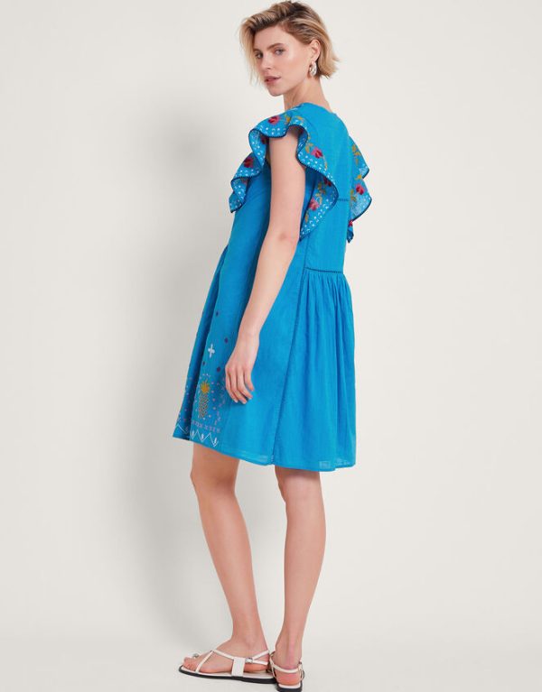 Monsoon Prue Embroidered Ruffle Mini Dress Blue - Image 4