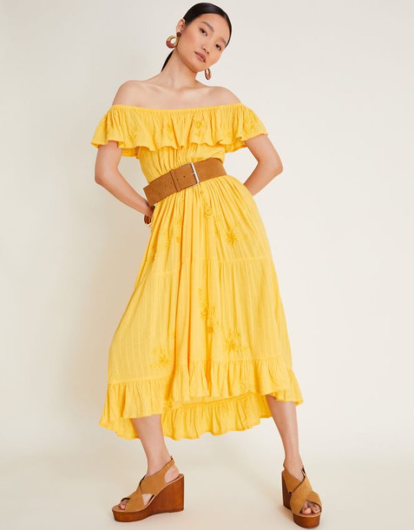 Monsoon Avani Bardot Ruffle Dress Yellow - Image 5