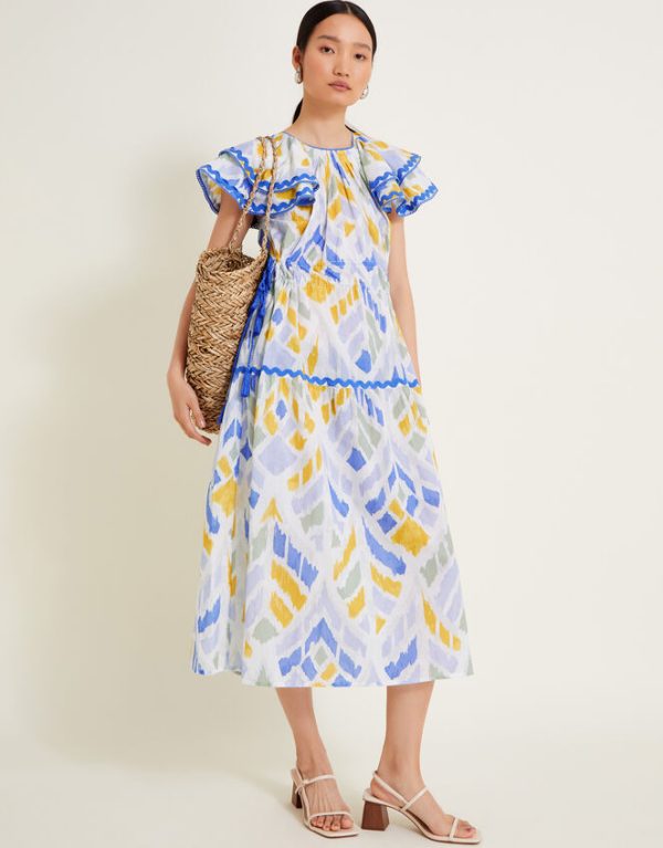 Monsoon Myla Geometric Print Ruffle Dress Blue - Image 5