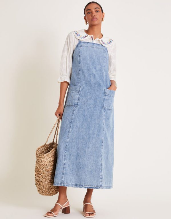 Monsoon Sian Denim Pinafore Midi Dress Blue - Image 5