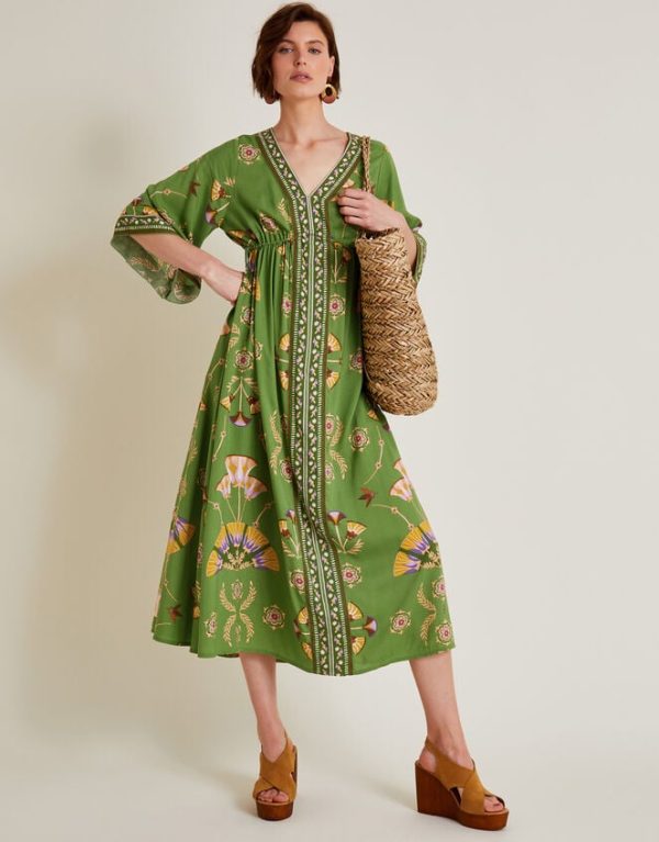 Monsoon Mollie Printed Midi Dress Green - Image 5