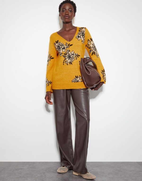 Monsoon Jess V-Neck Floral Jacquard Jumper Yellow - Image 5