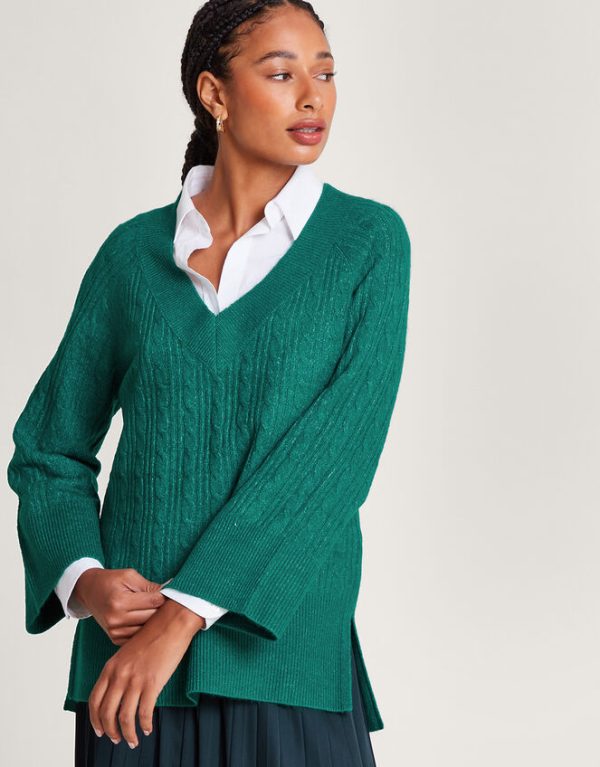 Monsoon V-Neck Cable Longline Jumper Green - Image 4