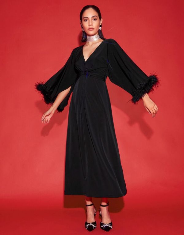 Monsoon Pip Feather Maxi Dress Black