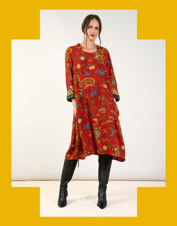 Monsoon One Hundred Stars Asymmetric Dragon Print Dress Orange