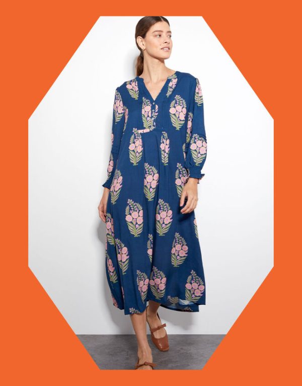 Monsoon East Floral Print Midi Dress Blue