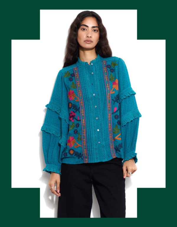 Monsoon East Embroidered Ruffle Sleeve Blouse Green