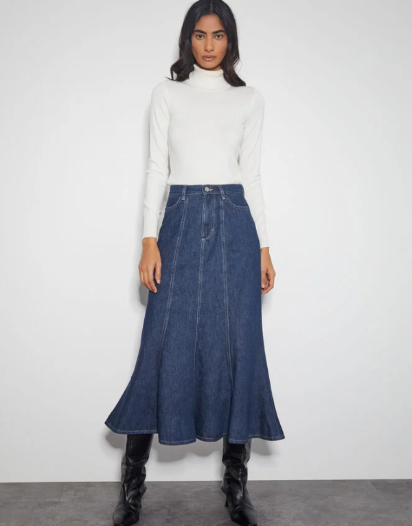 Monsoon Fran seam denim maxi skirt blue